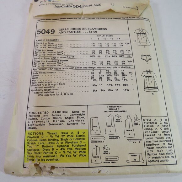 McCalls 5049 clothing pattern size 12 EASY Dress, Panties (sleeveless) Loose Fit - Picture 6 of 7